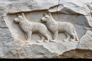 Ancient stone relief carving of two stylized dogs in profile on a textured rock surface