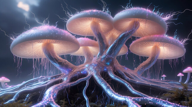 Bioluminescent mushrooms glowing in a mystical forest at night