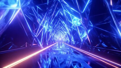 Abstract futuristic tunnel with neon lights and reflective surfaces leading to bright source of light - Powered by Adobe