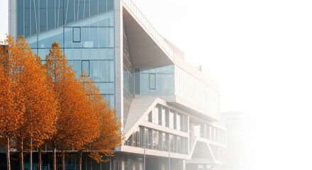 Architectural integration of modern building with autumn trees landscape