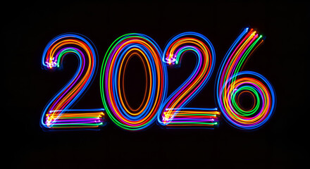 Bright Colorful Light Painting of the Number 2026 on a Black Background