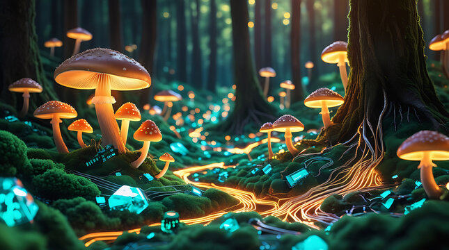 Enchanted forest with glowing mushrooms and mystical light path - Powered by Adobe
