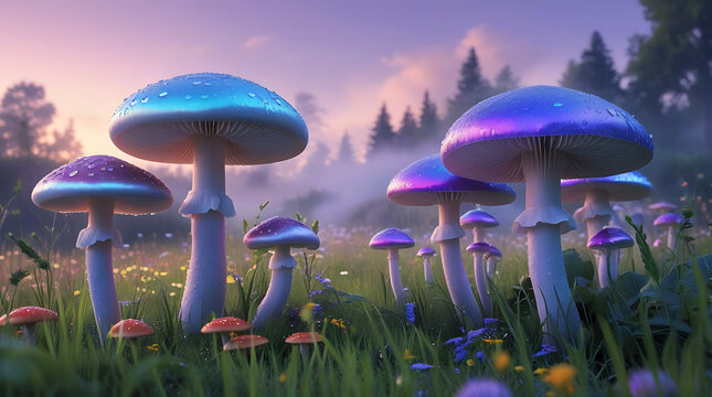 Enchanted forest with glowing mushrooms at twilight