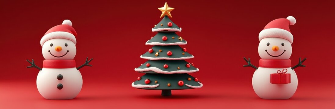 3D icon design featuring a Christmas tree adorned with red decorations and two snowmen on a red background, perfect for festive holiday themes and cheerful winter celebrations. - Powered by Adobe