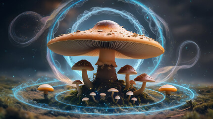 Magical glowing mushroom forest with ethereal energy aura