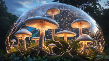 Fototapeta premium Magical glowing mushrooms inside a shimmering protective dome