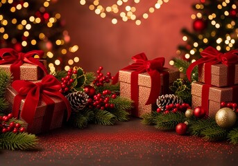 Ultra-realistic, high-resolution (8K), professional studio Christmas photography. The scene is a luxurious, festive holiday arrangement with a shallow depth of field.