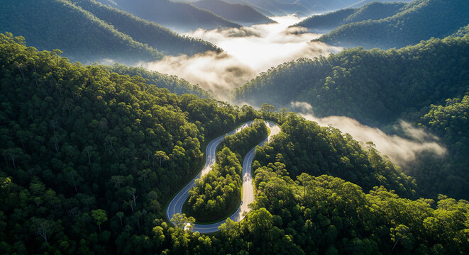 Serpentine road in misty mountain rainforest viewed from drone above, surrounded by morning fog and lush greenery, realistic natural landscape with peaceful travel mood and cinematic depth.