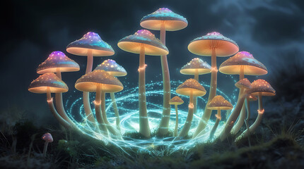 Enchanted bioluminescent mushrooms glowing with magical energy in a dark forest