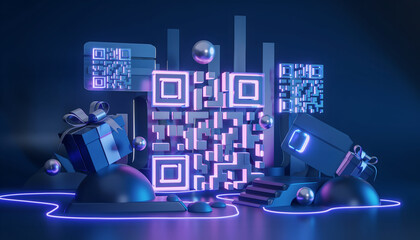 QR Code Payment: Digital Gateway with Neon Gift Boxes and Podium