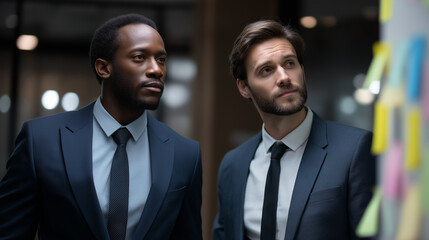 Faceless serious African American businessmen managing project tasks on sticky notes defocused office wall background collaborative planning session professional organization