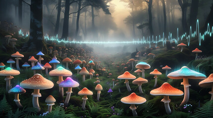 Enchanted forest with glowing mushrooms and mystical light