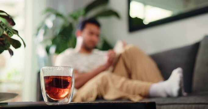 Hot tea, steam and cup in lounge, home and liquid with vitamin c to boost immune system and wellness. Fresh, beverage and warm drink with gut health benefits, detox and person in living room or house