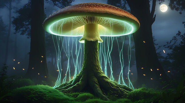 Magical glowing mushroom forest at night with fairy lights - Powered by Adobe