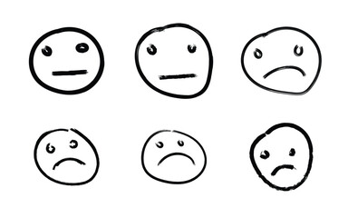 Collection of hand drawn simple smiley faces showing different emotions from neutral to sad