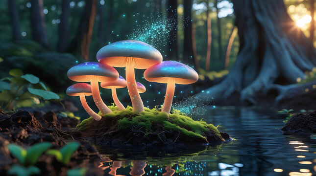 Magical glowing mushrooms illuminated in a dark enchanted forest