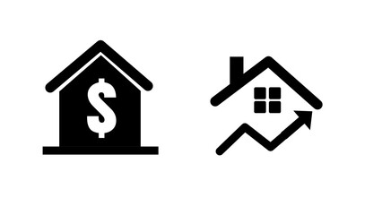 Real estate market vector icons showing house with dollar sign and house with upward trend line isolated on white background