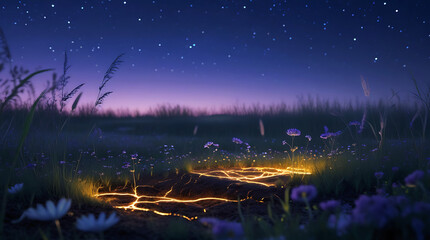 Naklejka premium Magical meadow path under a starry night sky