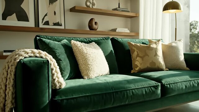 Luxurious living room with sleek green sofa as focal point, complemented by plush pillows, cozy blanket, natural wood coffee table, elegant vases, and serene atmosphere perfect for modern.