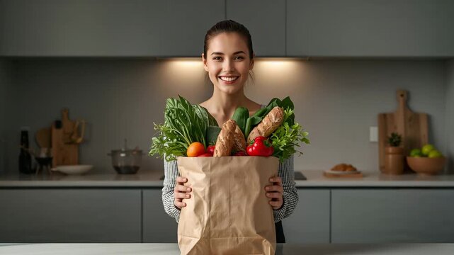 Positive young woman with a paper bag with vegetables and bread in the kitchen