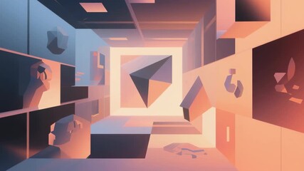Abstract 3D render of geometric shapes and forms floating in a futuristic, surreal corridor. Soft pastel lighting, symmetry, and depth create a modern and innovative visual effect. - Powered by Adobe