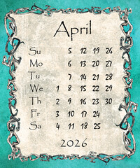 Vintage style monthly calendar 2026 year poster