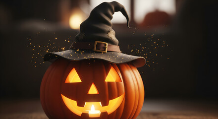 Smiling Jack-o'-Lantern Wearing a Witch Hat with Magical Sparks