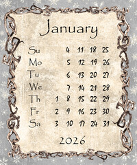 Vintage style monthly calendar 2026 year poster