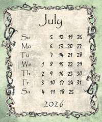Vintage style monthly calendar 2026 year poster