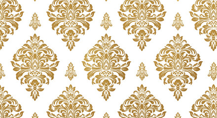 Vintage Gold Damask Pattern on White, Detailed Golden Floral Ornament for Wallpaper or Background