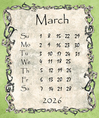 Vintage style monthly calendar 2026 year poster