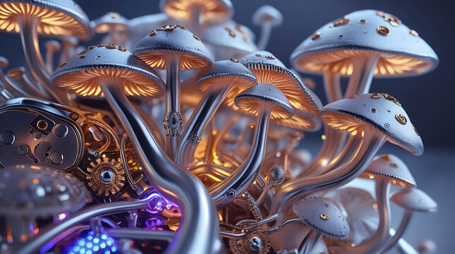 Enchanting bioluminescent mushrooms glowing in mystical forest - Powered by Adobe