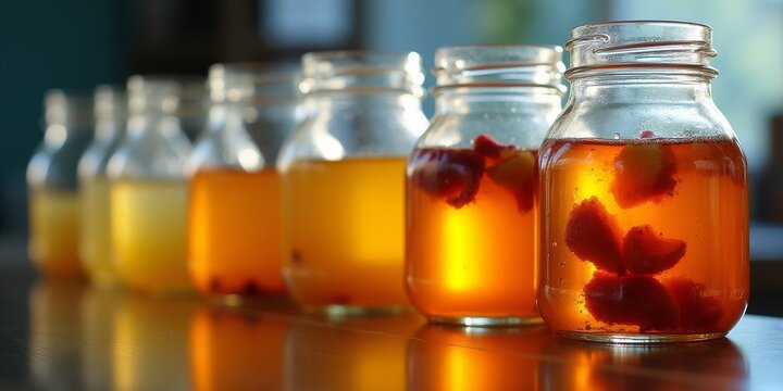 Kombucha fermentation stages in glass jars. Scientific laboratory setup showing the process of brewing probiotic tea with fruit and ginger.