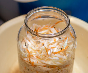 Glass jar with home made sauerkraut. Food
