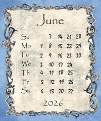 Vintage style monthly calendar 2026 year poster