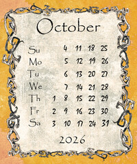 Vintage style monthly calendar 2026 year poster