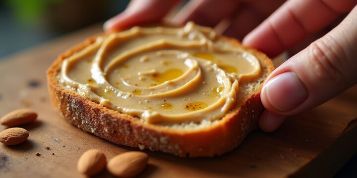 Hand spreading creamy almond butter on fresh artisanal bread toast. Healthy vegan breakfast or snack with natural nut pieces. Close-up with mouth-watering texture.