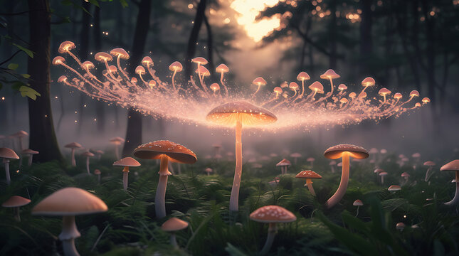 Enchanted forest with glowing mushrooms and mystical light - Powered by Adobe