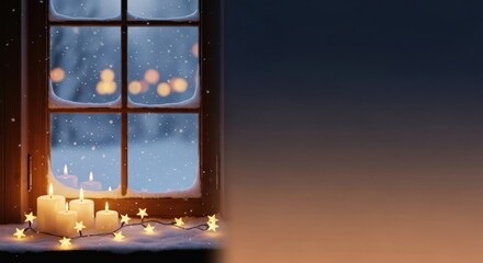 Cozy winter scene with snow-covered window, candles, and star lights