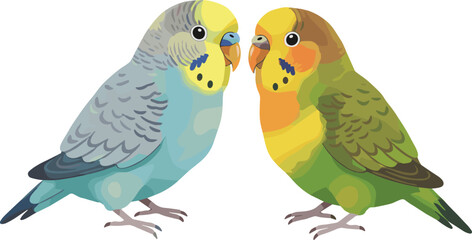 Two colorful lovebirds standing together, tropical parrot couple illustration, vibrant exotic birds artwork, romantic wildlife vector design for decor © Moksedul Creative