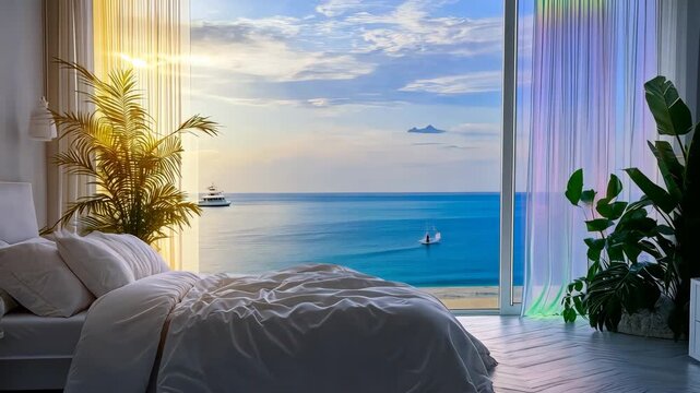 Stylish bedroom with a large bed. Selective focus. dizain.