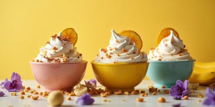 Healthy vegan banana nice cream with fresh fruit, nuts, and edible flowers. A guilt-free, plant-based, dairy-free frozen dessert in a bowl with a vibrant and refreshing presentation.