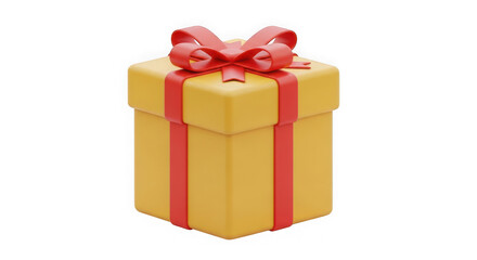 Yellow gift box with red ribbon isolated on transparent background, present
