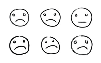 Collection of six hand drawn simple sad face emoticons with different expressions of unhappiness