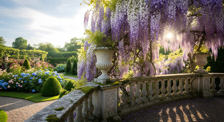 Enchanting Wisteria-Draped Balcony, Sunlit Garden View, Serene Beauty of a Sun-Kissed Garden Oasis with Wisteria in Full Bloom