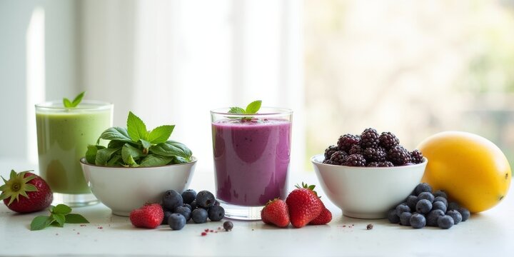 Vibrant assortment of healthy smoothie bowls with fresh fruits and superfoods on a clean white background. Healthy breakfast concept.
