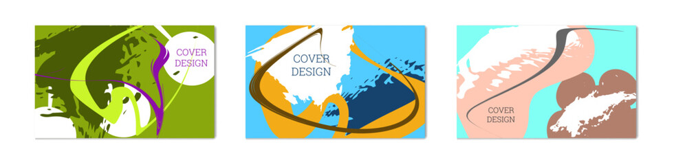 Paint strokes and geometric elements. Set of 3 multi-colored backgrounds. Notebook or notebook cover design. 