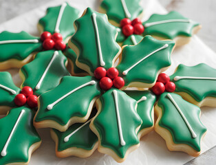 Festive holly leaf christmas cookies decorated with green icing and red berries