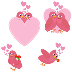 Set of cartoon illustrations of pink birds showing love: two paired up, one with a heart sign, and one holding a rose. Concept for Valentine's Day. (cut out)