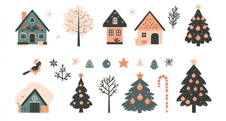 Naklejka premium Charming collection of winter and Christmas clipart illustrations featuring cozy houses, decorated Christmas trees, snowflakes, candy cane, and festive elements in cheerful colors